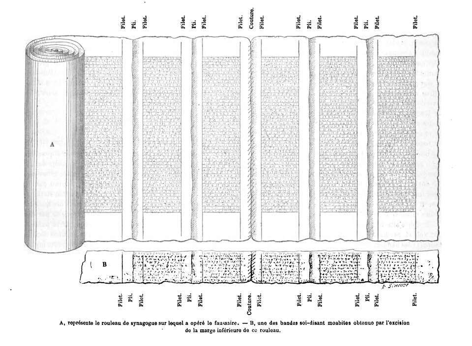 חוות הדעת הובילה להתאבדות. שרטוטו של קלרמון־גנו המסביר כיצד לדעתו זייף שפירא את המגילה
Clermont-Ganneau : חוות הדעת הובילה להתאבדות. שרטוטו של קלרמון־גנו המסביר כיצד לדעתו זייף שפירא את המגילה
Clermont-Ganneau :
