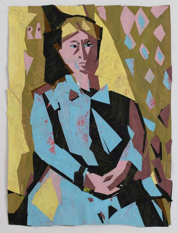 "נשתיירה אמי אלמנה. ולא אלמנה בלבד אלא עגונה שוממה" (הכנסת כלה, ש"י עגנון). רותם עמיצור, קולאז' ניירות צבועים. באדיבות גלריה רוטשילד אמנות. "נשתיירה אמי אלמנה. ולא אלמנה בלבד אלא עגונה שוממה" (הכנסת כלה, ש"י עגנון). רותם עמיצור, קולאז' ניירות צבועים. באדיבות גלריה רוטשילד אמנות.