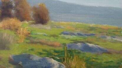 לצאת ממעונות האופל אל האדמה הטובה. שי אביבי, נוף מתל יזרעאל, שמן על בד מוצמד לעץ, 2019.