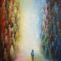 פלורליזם הוא חלק ממארג המערכת ההלכתית. מיכאל (מישל)רוזיאביץ, בני אור ובני חושך, אקריליק על קנבס, 2018.