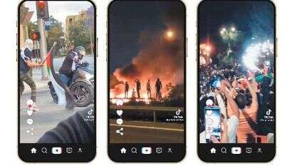 מתוך סרטונים שהופצו בטיקטוק. מימין לשמאל:המהומות בהרהבית ובלוד,ועימות בהפגנה פרו־פלסטינית בלונדון. | מסך: טיקטוק