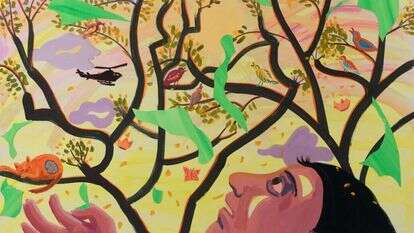 דמות מסתורית ושבורת־לב עוקבת אחרי בן זוגה לשעבר ולא מרפה. נעם ונקרט, אביב עם חששות, גואש על נייר, 2020 דמות מסתורית ושבורת־לב עוקבת אחרי בן זוגה לשעבר ולא מרפה. נעם ונקרט, אביב עם חששות, גואש על נייר, 2020