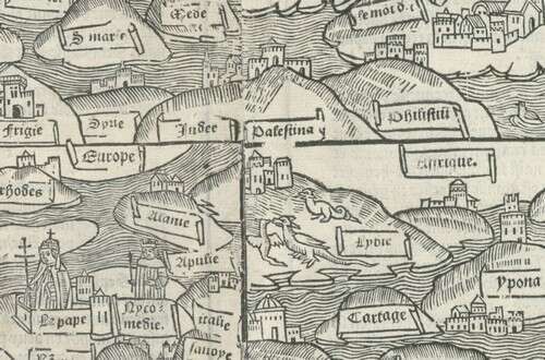 פרט מתוך מפה מעגלית של העולם, שנת 1543. על חוף לוב רובצים דרקונים. לוב היא אחת הזירות האפשריות של סיפור גיאורגיוס והדרקון. מתוך La mer des hystoires, אוסף המפות ע"ש לאור, הספרייה הלאומית