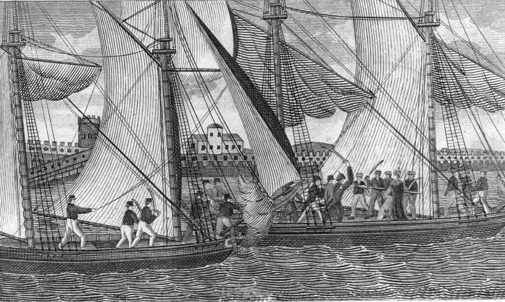 ניצחון אמריקני זעיר. הקרב בנמל טריפולי, כמתועד בציור משנות העשרים של המאה ה־19 שכותרתו "קומודור דֵקָטוּר נוקם על רצח אחיו". איור: דניס מאלון קרטר . באדיבות המוזיאון הלאומי של הצי האמריקאי