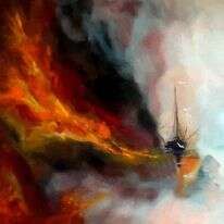 אנו תלויים זה בזה כחבורת נוסעים על ספינה המטרפת בלב ים. רושינה מריו, אקריליק, 2021 . | שוקי כהן. מתוך התערוכה בבית חיל האוויר הרצליה