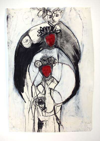 יעל סרלין, מחופשות, טכניקה מעורבת על נייר, 2014 | אביב נווה