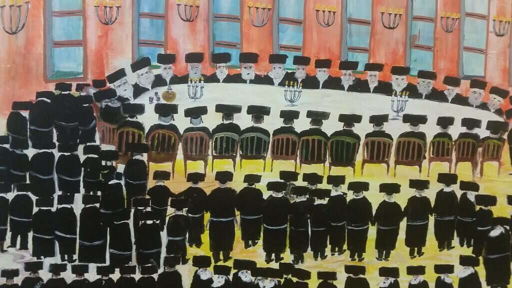 חזי סנדר, טיש חסידי אצל הרבי, טכניקה מעורבת, 2019