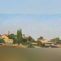 כפר הרא״ה, מראה ממזרח. ציור: מאיר צוקרמן