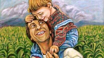 הילד איתמר מרחף על כנפי דמיונות של אביו. יונתן טל, "אב וילד בשדה התירס", 2010