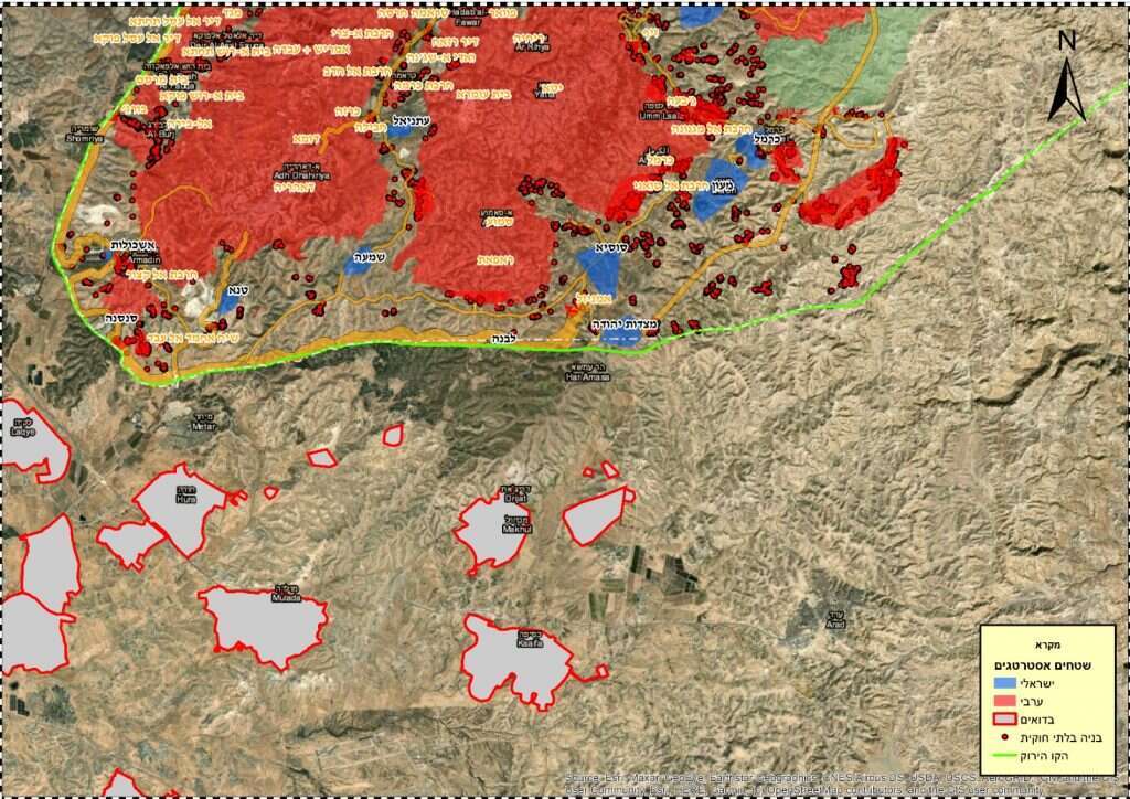 מפה המציגה את היישובים הישראליים בדרום הר חברון, המפרידים בין הגושים הערביים והבדואיים. | דוברות הר חברון