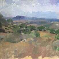 אוסנת אוליבה, "נוף ליד צור הדסה", שמן על בד מודבק על עץ, 2019