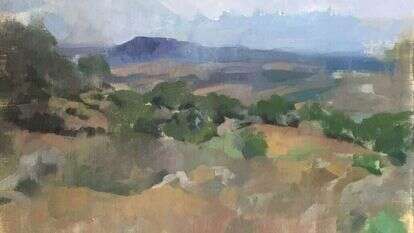 אוסנת אוליבה, "נוף ליד צור הדסה", שמן על בד מודבק על עץ, 2019