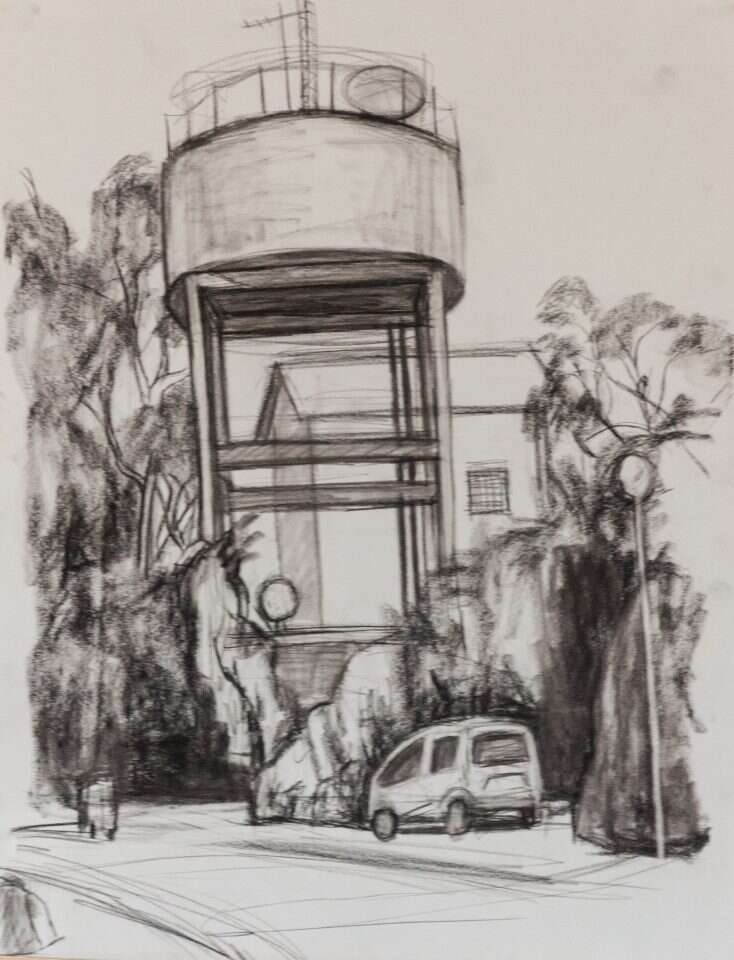 מיכאל קובנר, מגדל המים בקיבוץ רבדים, פחם סינטטי על נייר, 2014 מיכאל קובנר, מגדל המים בקיבוץ רבדים, פחם סינטטי על נייר, 2014