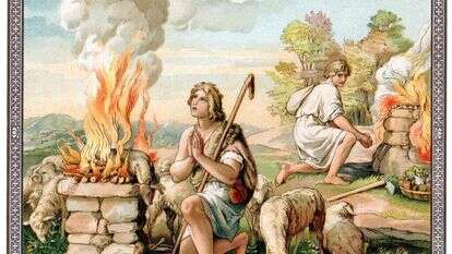 סיפור קין והבל חושף את יחסו של המקרא לקורבנות. מנחות קין והבל בליטוגרפיה מ־ 1880. איור: גטי אימג'ס סיפור קין והבל חושף את יחסו של המקרא לקורבנות. מנחות קין והבל בליטוגרפיה מ־ 1880. איור: גטי אימג'ס