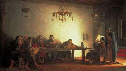 ציור של ז'אן ז'ול־אנטואן לקומטה דו נואו, ישיבת רבנים במרוקו, 1882 ציור של ז'אן ז'ול־אנטואן לקומטה דו נואו, ישיבת רבנים במרוקו, 1882