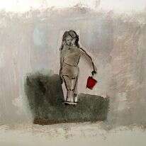 פניה של הגיבורה תמיד מופנות קדימה, כי אין לה לאן לחזור. טלי נבון, ״דלי אדום״, שמן וגרפיט על דובלקס, 2016