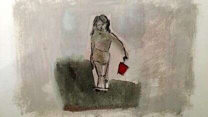 פניה של הגיבורה תמיד מופנות קדימה, כי אין לה לאן לחזור. טלי נבון, ״דלי אדום״, שמן וגרפיט על דובלקס, 2016