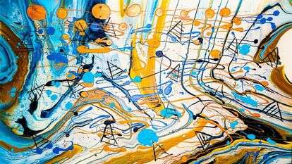 זאביק פרישמן, ללא שם, טכניקה פורינג מעורבת: אקריליק, דבק ופלואטרול, 2021. העבודה מוצגת בימים אלו בגלריית ART &amp; About שבעמק חפר