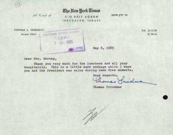 מכתב התודה של תומס פרידמן. | מסמכים מבית הנשיא