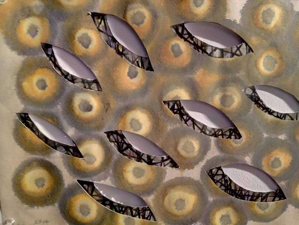 מירה צדר, "עיניים", קולאז', טכניקה מעורבת על נייר, 2020