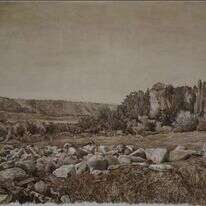 "אין כמו אבנים גדולות כדי לשמר ולהנציח את מה שעבר". הדר גד, "עין חרוד", שמן על בד, 2009