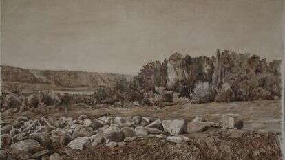 "אין כמו אבנים גדולות כדי לשמר ולהנציח את מה שעבר". הדר גד, "עין חרוד", שמן על בד, 2009