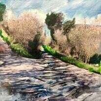 חנה קרומר, "שני שבילים", קולאז' ואקריליק על בד, 2013