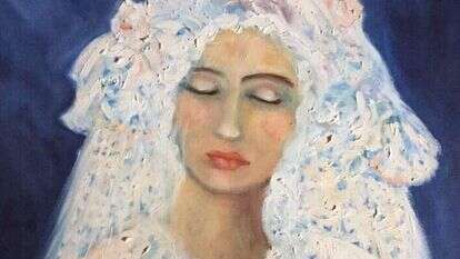 הכלה שרועה על ספה בחדר ולא מצליחה לפקוח עיניים. אסתר ציבל, "כלה עם עיניים עצומות", שמן על בד, 2015