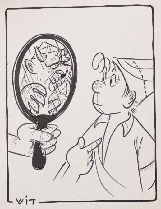 "אני באמת כזה?". עוסק הרבה במבט של שרוליק־ישראל על עצמו. איור: דוש (קריאל גרדוש) ארכיון דוש, בספרייה הלאומית