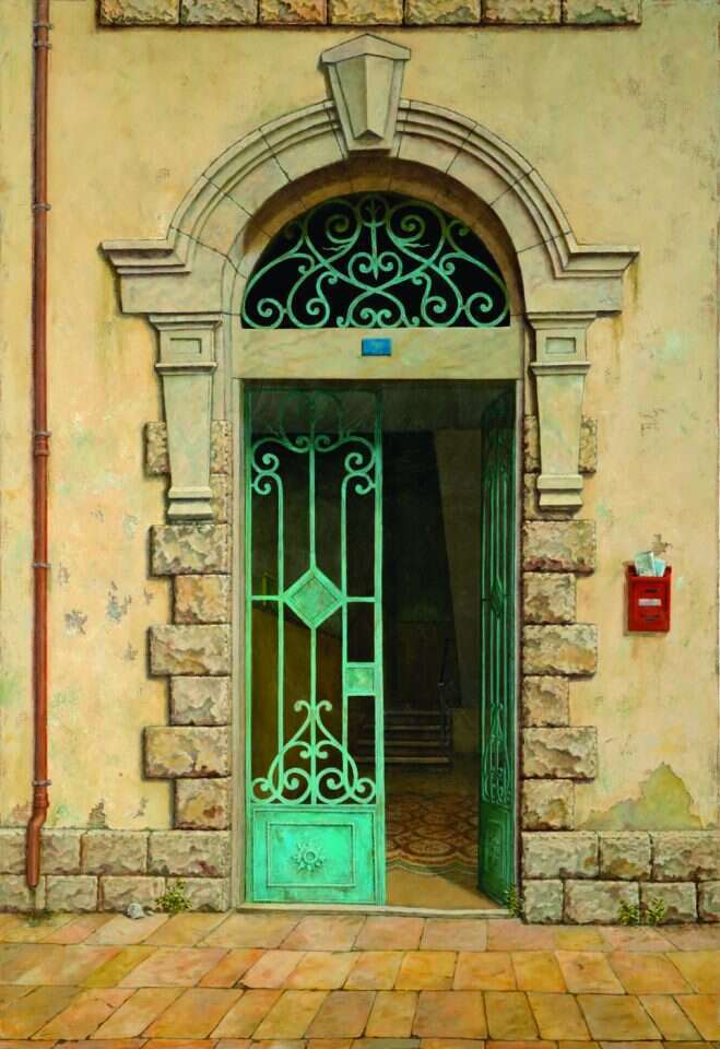 כניסה במושבה הגרמנית, שמן על בד. איור: מארק ינאי