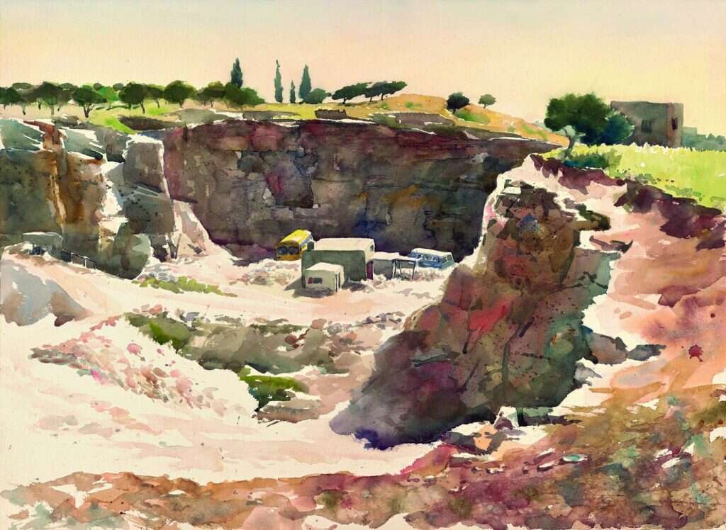 מחצבה בגילה, צבע מים על נייר. איור: מארק ינאי