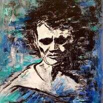 גבר מיוסר, מתבודד ומתבוסס ברחמים עצמיים. ללה מיגירוב, בעקבות קפקא - טבעם של מלאכים, שמן על בד, 2018