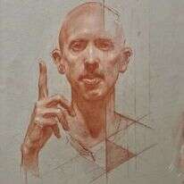 הסופר כבר אינו יודע בעצמו מהי זהותו האמיתית ערן וובר, "דוגמה", סנגווין על נייר, 2022 . מתוך התערוכה "סנגווין" המוצגת בגלריה רוטשילד אמנות, תל אביב