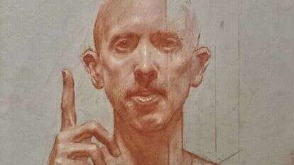 הסופר כבר אינו יודע בעצמו מהי זהותו האמיתית ערן וובר, "דוגמה", סנגווין על נייר, 2022 . מתוך התערוכה "סנגווין" המוצגת בגלריה רוטשילד אמנות, תל אביב