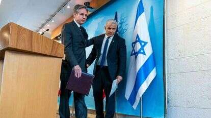 לפיד ובלינקן במסיבת עיתונאים. | AFP