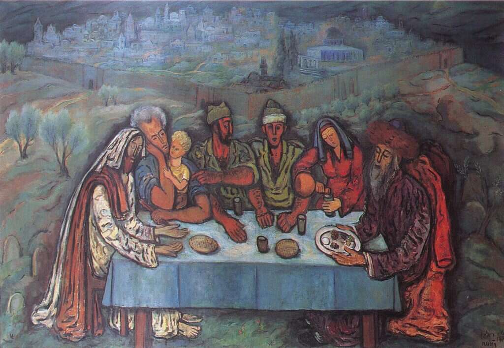 ראובן רובין, סדר פסח מחוץ לחומות ירושלים, שמן על בד, 1949. האיור באדיבות בית ראובן