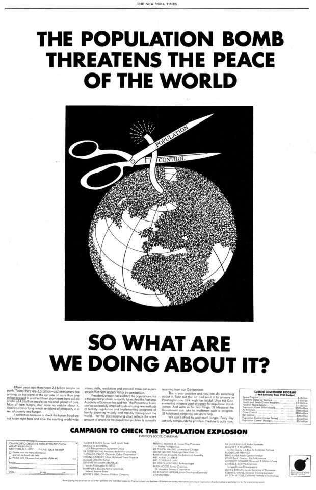 מודעה המזהירה מפני עולם עמוס מדי. הניו־יורק טיימס, 1968 מודעה המזהירה מפני עולם עמוס מדי. הניו־יורק טיימס, 1968