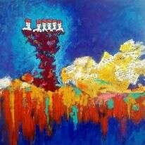 "פער ביקום השחור שמעך אותנו, שדרכו יכולה לעבור התקווה". ללה מיגירוב, "תחנת אהבות אבודות", אקריליק על קנבס, 2020