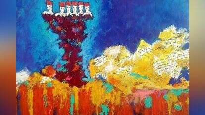 "פער ביקום השחור שמעך אותנו, שדרכו יכולה לעבור התקווה". ללה מיגירוב, "תחנת אהבות אבודות", אקריליק על קנבס, 2020