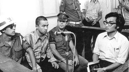 אוקמוטו אזוק בבית הדין הצבאי בצריפין, 12 ביולי 1972. | גטי אימג'ס