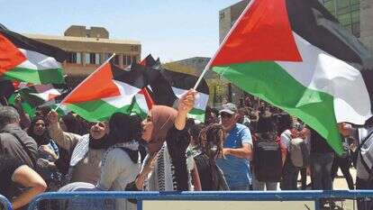 "הם מתעקשים להגדיר את עצמם פלסטינים". הנפת דגלי פלסטין באוניברסיטת בן־גוריון בבאר־שבע. | דודו גרינשפן