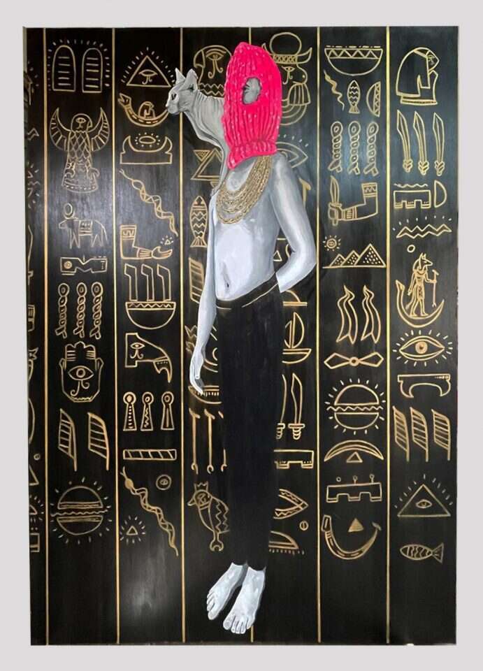 אייל אסולין. מוטי, 2022, אקריליק, צבע תעשייתי, עלי זהב ותכשיטים על בד. | יחצ