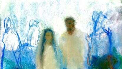 שחר גזונדהייט, "ניב ונעמה בחופה", גיר על נייר שחור, אלול תשע״ח