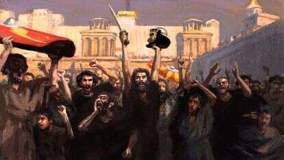 "כשהקנאים השתלטו על ירושלים הם רצו לדון אנשים למוות". מתוך הסרט "אגדת חורבן". ציור: דוד פולונסקי ומיכאל פאוסט