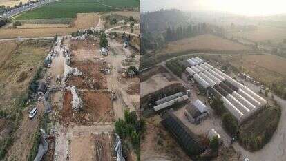 המתחם הלא חוקי בגדרה לפני ההריסה ולאחריה. | הרשות לאכיפה במקרקעין