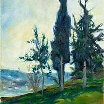 "הסובל מדיכאון קליני יאמר 'מודה אני' בבוקר, אף אם אינו מרגיש שיש לו על מה להודות, כדי להתרגל לראות את הטוב". מלכה טוויל, "ברושים בירושלים", שמן על בד, 2010