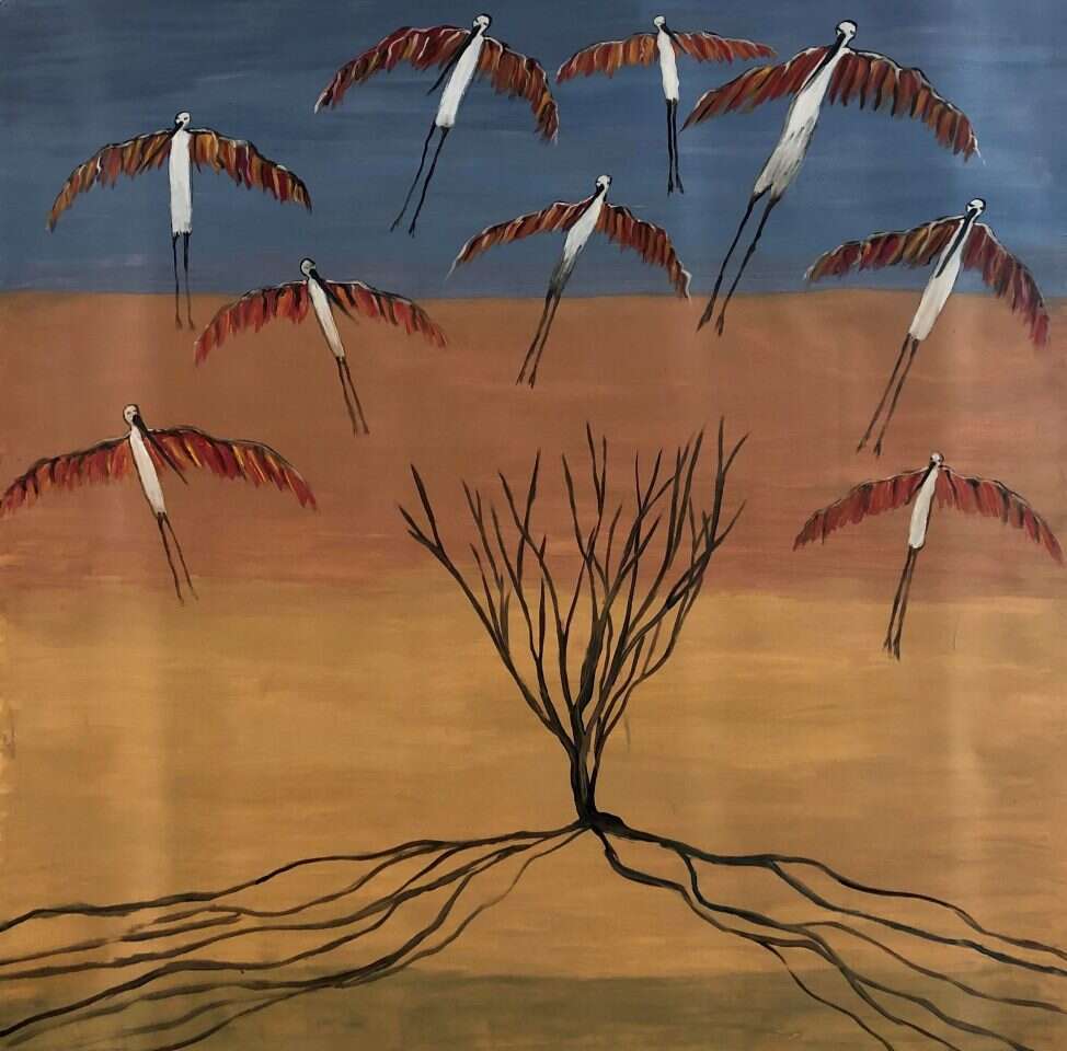 שמעון פינטו, "שורשים חשופים", שמן על נייר פבריאנו, 2021 , אוסף משפחת ארקין. | אריק סולטן