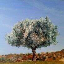 הילה צ'ולסקי, "עץ הזית הגלילי", שמן על בד, 2021. מתוך התערוכה "מסעות בנתיבי ישראל" המוצגת כעת בתיאטרון ירושלים