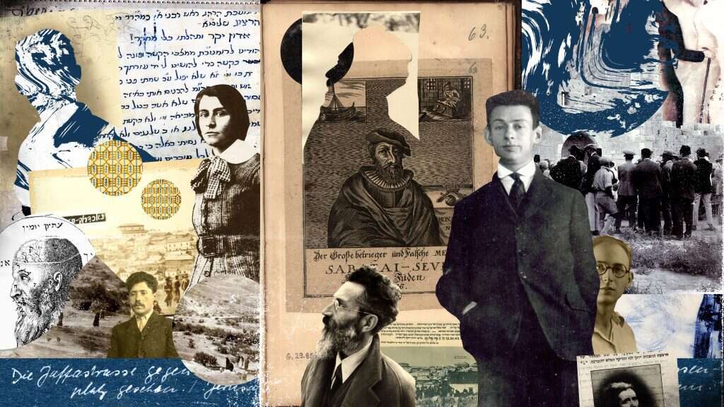 "מהפכות קורות כשמחיים תכנים מתוך המסורת". גרשם שלום הצעיר. מציץ מאחוריו תלמידו יוסף וייס. משמאל: אלזה לסקר שילר מאתר האינטרנט של הוצאת בלימה. יוצר: עמית נעמני