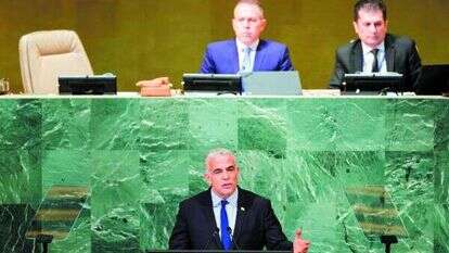 סיים את נאומו בפסוקי שלום. ראש הממשלה לפיד בעצרת האו"ם, אמש. | AFP